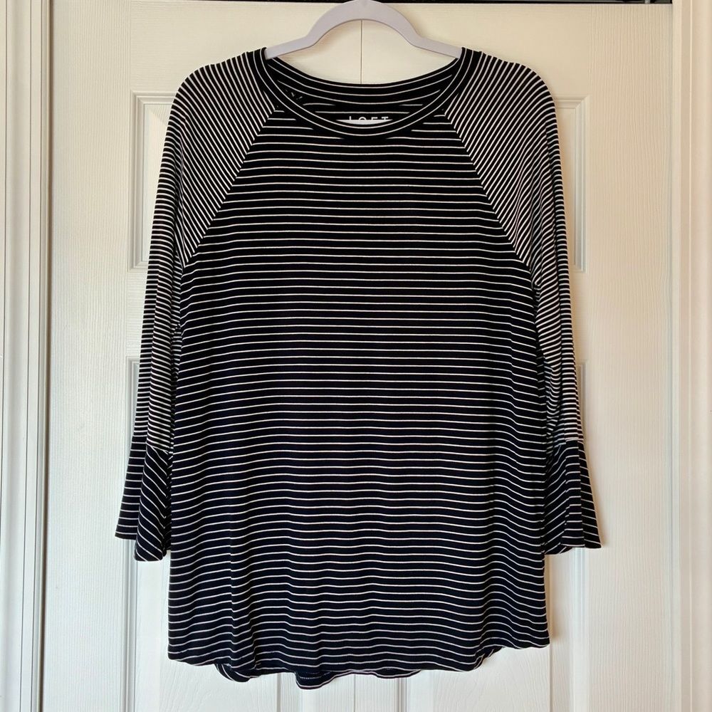 LOFT Top M Navy White Striped Long Bell Sleeve Casual Coastal Relaxed Shirt